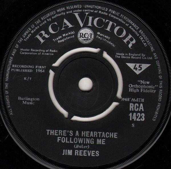 7inch Record JIM REEVES - There's A Heartache Following Me RCA1423 RCA VICTOR 1964 UK Pop Used