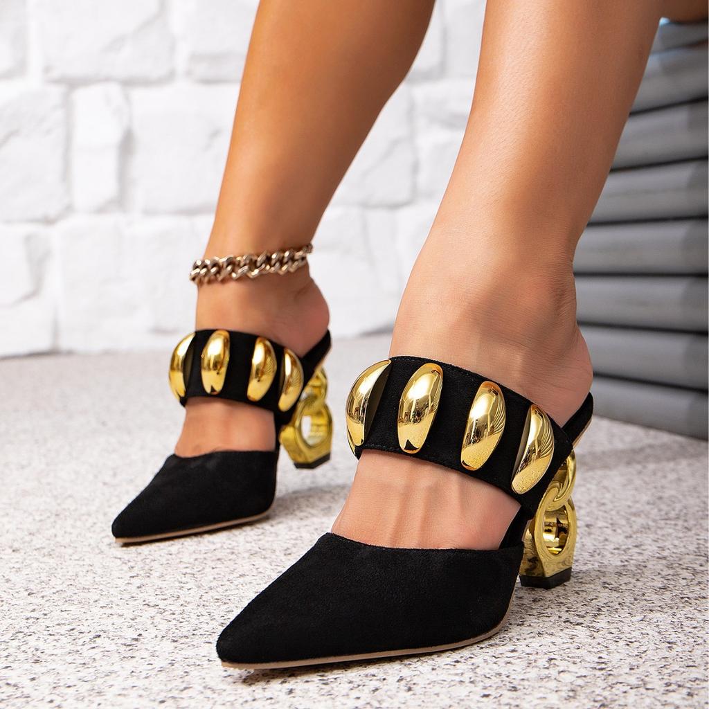Fashion Black High-heeled Sandals with Irregular High Heels and Gold Buckle Decoration Comfortable and Simple Sandals for Women