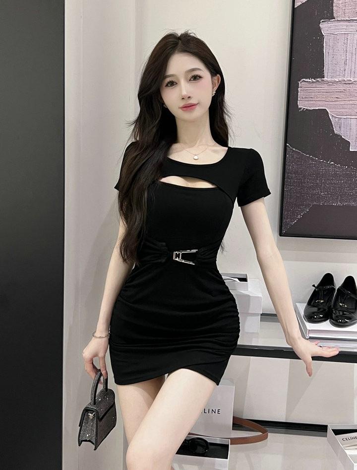 Pure desire sexy spice girl style hollow dress women's summer new retro French temperament waist and hip short skirt