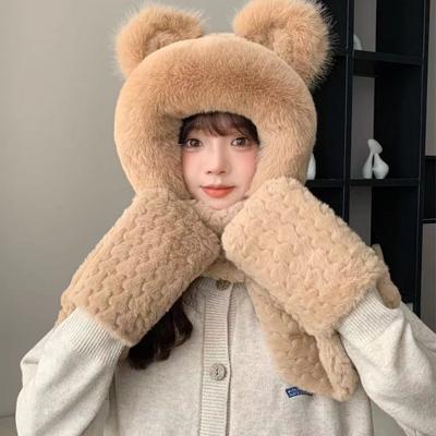 Bear Hat for Women In Autumn and Winter Autumn and Winter Plush Yarn Tie Neck Ear Protection Hat Scarf Gloves Three Piece Set