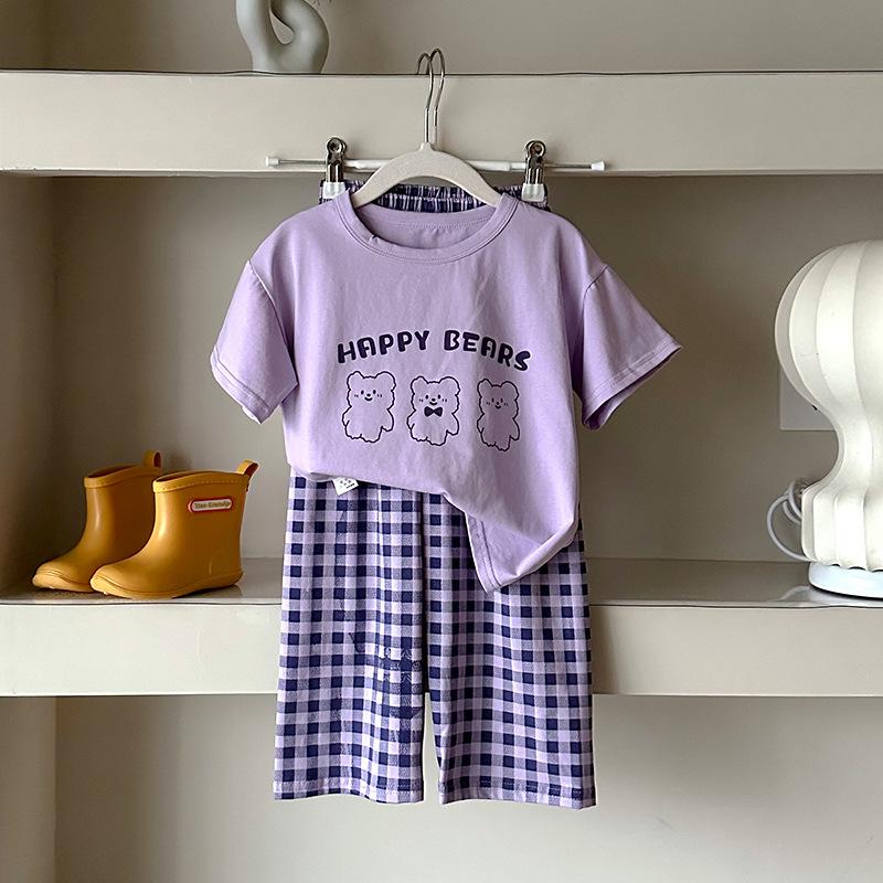 

Фиолетовая домашняя одежда, пижамные комплекты для девочек от 3 до 12 лет, винтажная летняя пижама в клетку для мальчиков, хлопковые топы с короткими рукавами + брюки, одежда 140 фиолетовый