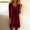 IHUASU Fashion Autumn Winter Solid Color Print Long Sleeve O-Neck Casual Dresses International design