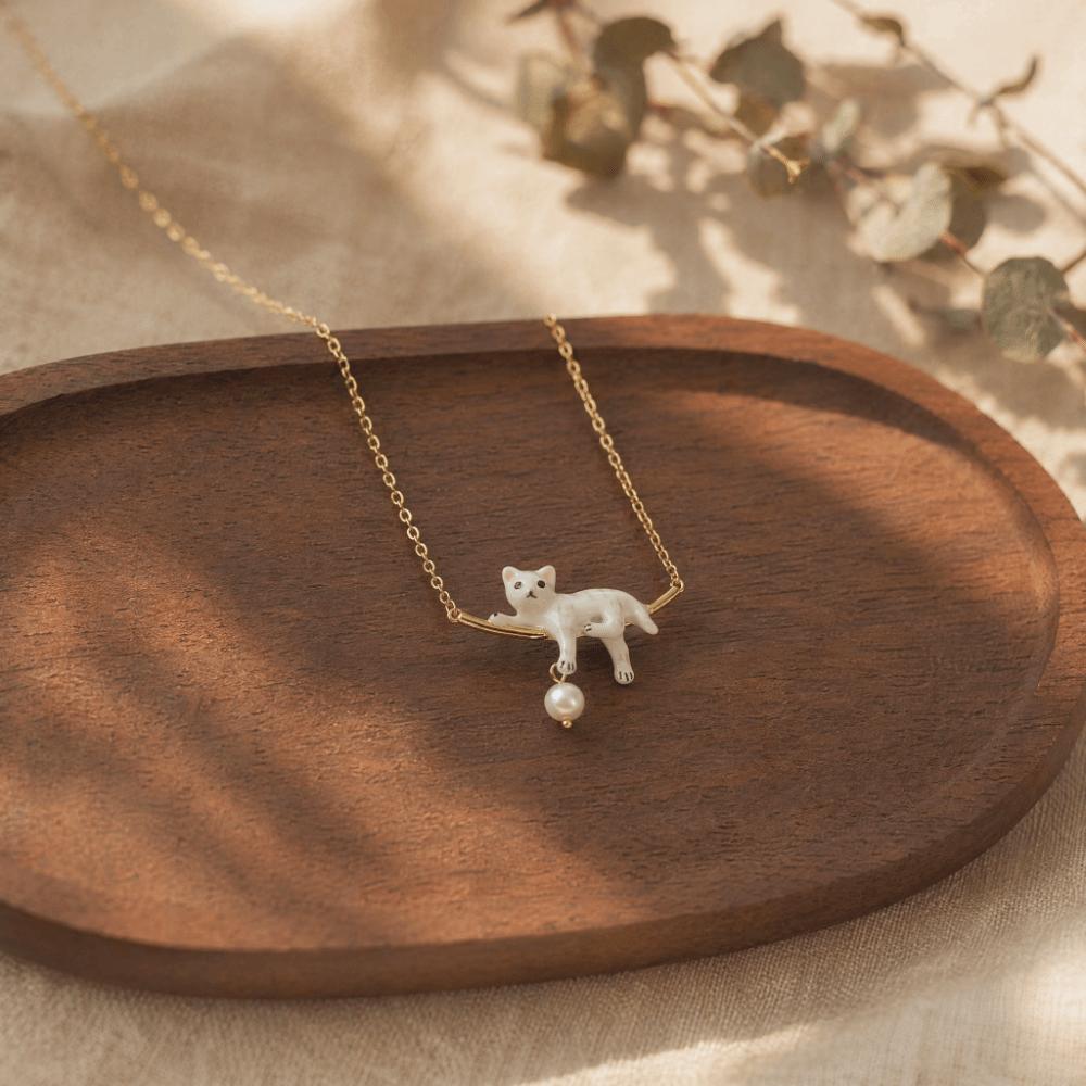 Aesthetic Pearl Pendant Necklace Animal Design Cat Neck Chain Enamel Cat Hoop Earrings Girls