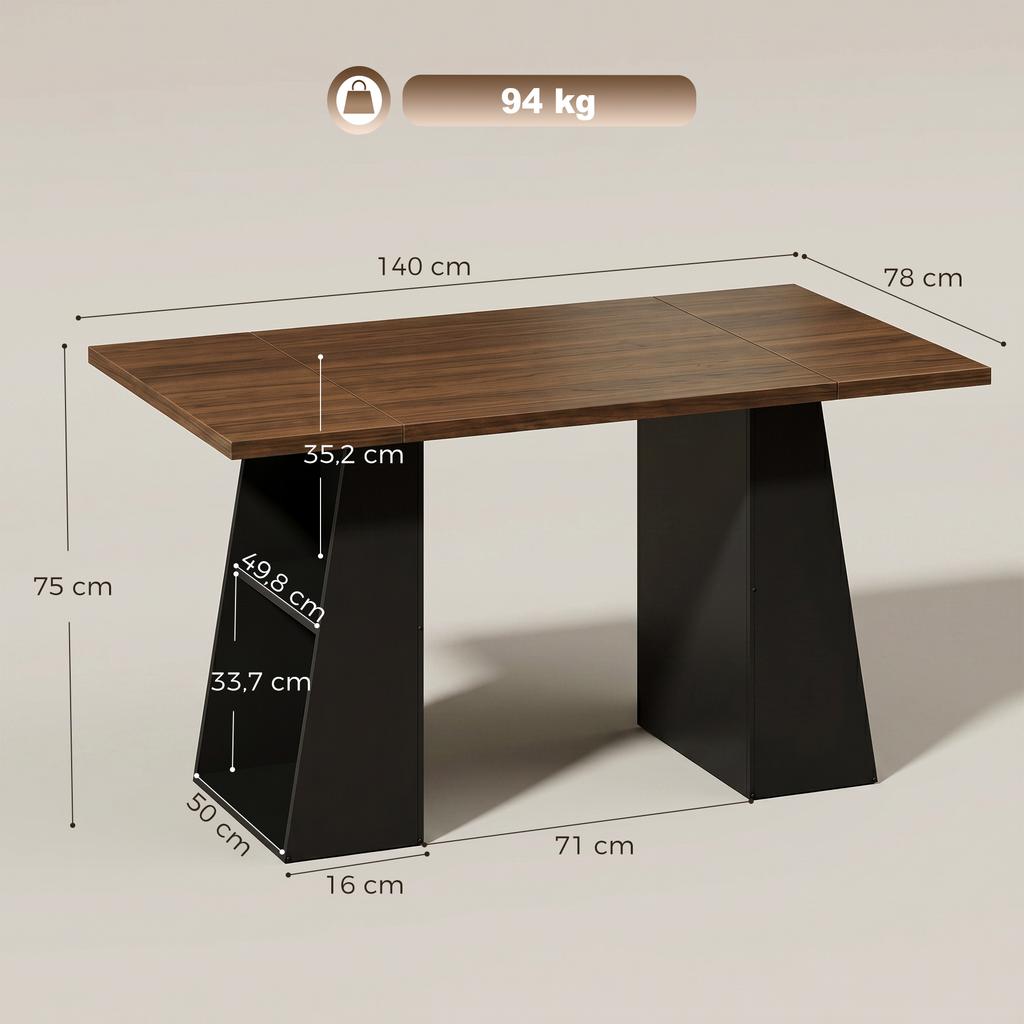 Desk with 4 Open Shelves, Industrial Design, 140 Cm, Brown-Black
