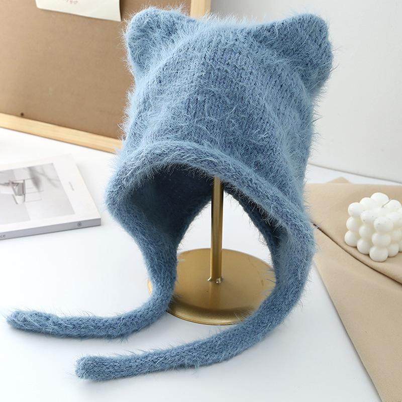 New Rope Cute Cat Ears Knitted Hat Autumn and Winter Warm Ear Protection Hat Fashionable Face Small Wool Hat