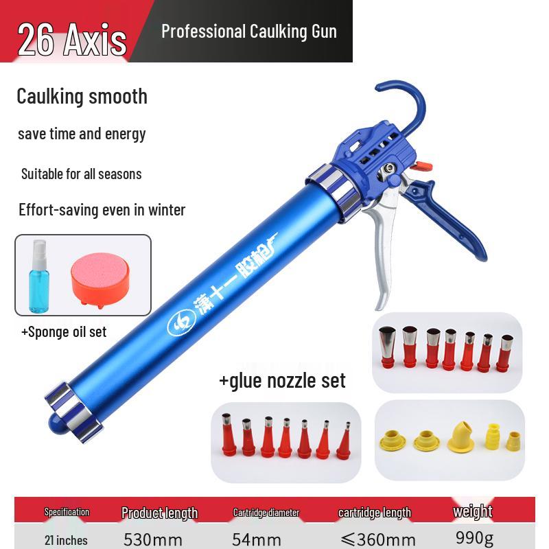 26-Bearing Dual-Use Adhesive and Caulking Gun: Automatic Glue Release, Labor-Saving Design for Glass and Repair Applications.