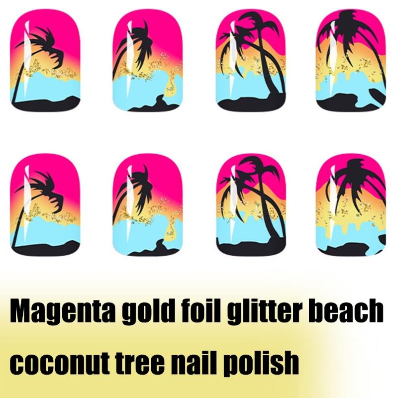 24Pcs Glossy Coconut Tree False Nail Short Square Press On Artificial Nail Tropical Beach Design For Salon Or Home