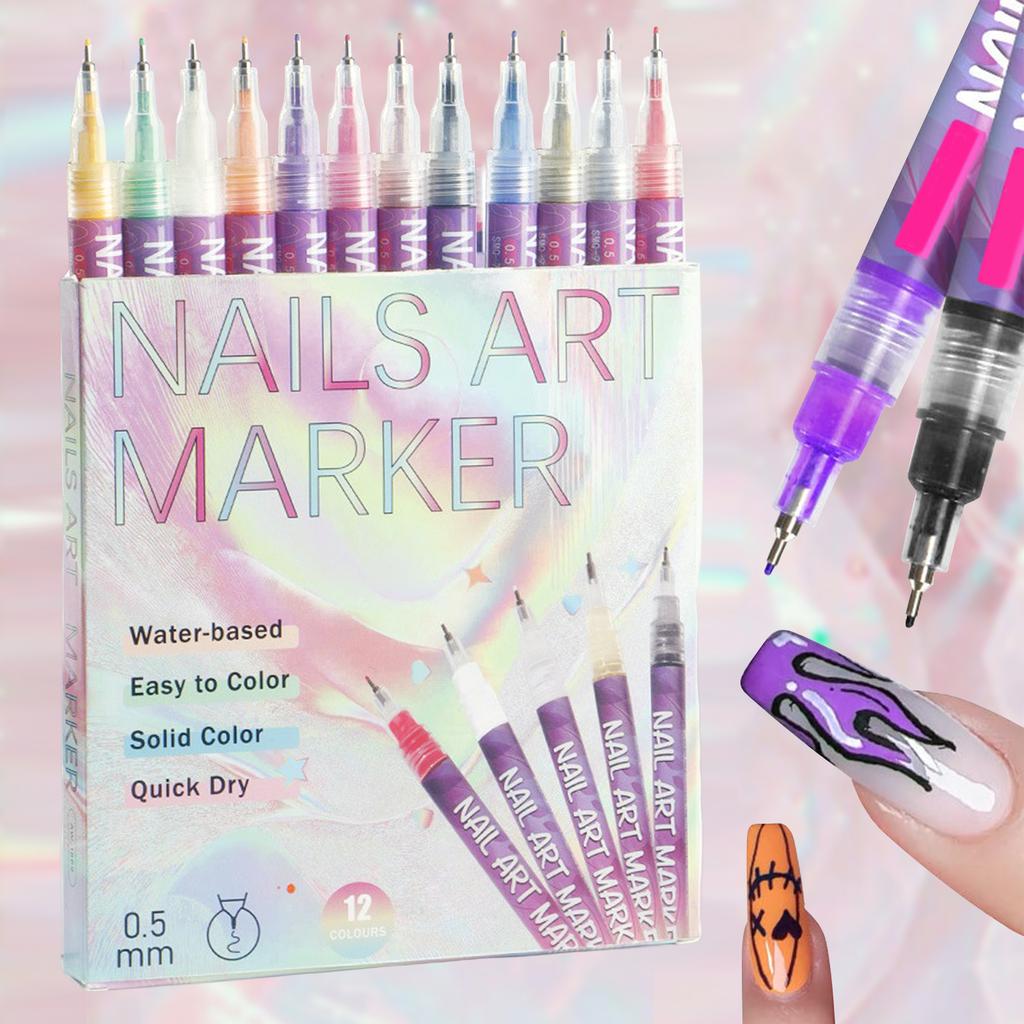 12 Colors Nail Art Pens Set Waterproof Nail Polish Pens Quick-Drying DIY Beauty Nail Art Tools Fine Tip Nail Doodle Pens
