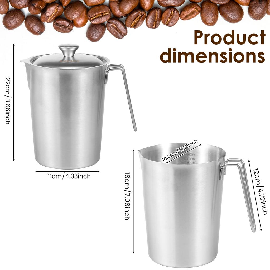 Stainless Steel Water Pitcher with Lid & Handle Large Capacity Cold Drink Kettle Milk Frothing Jug for Beverage Tea Juice Coffee