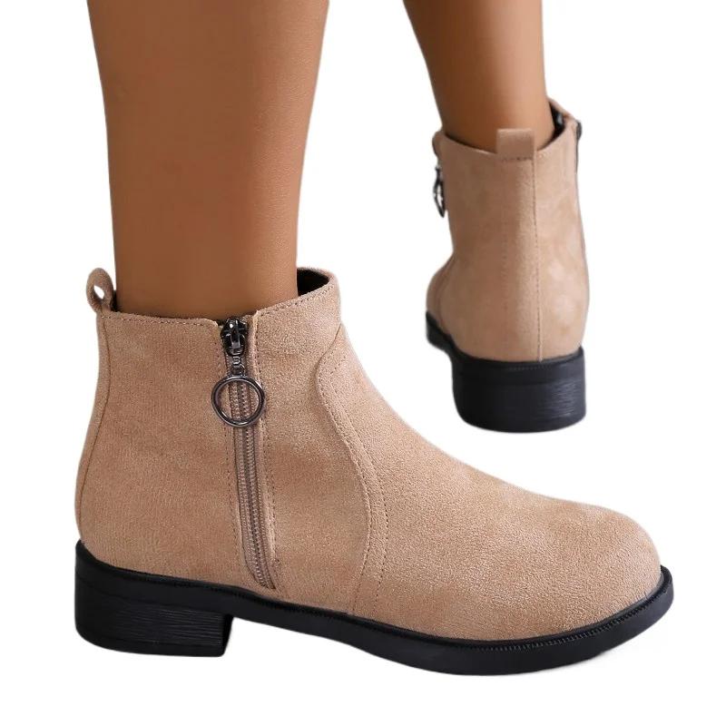 Fashion 2024 Spring and Autumn Hot Selling Women's Shoes Fashion Solid Color Round Toe Low Heel Short Side Zipper Women's Fashion Boots