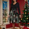 Women's Fashion Round Casual Slim Fit Christmas Print Large Swing Long Sleeve Dress