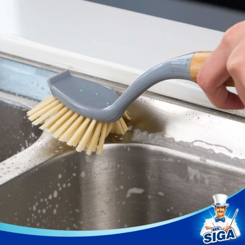 MR.SIGA Bamboo Kitchen Handle Palm Brush with Scraper, Pack of 2