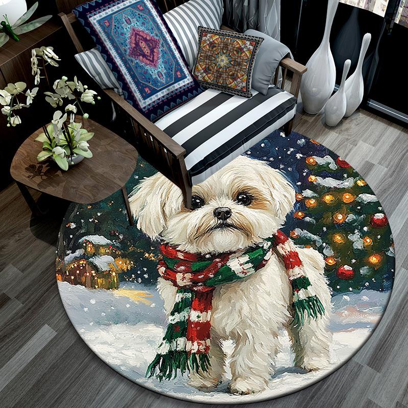 Winter Dog Round Area Rug,Carpet Rug for Living Room Bedroom Sofa Playroom Decor,Non-slip Floor Mat