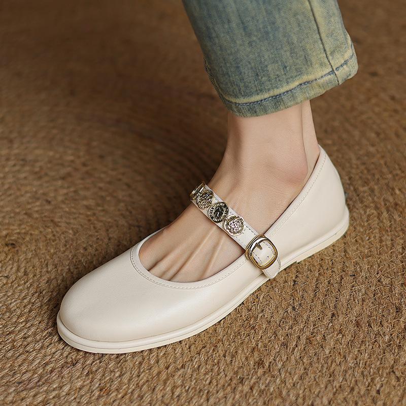 New Women's Casual Single Shoes Low-top Cowhide Single Shoes Shallow Mouth Beef Tendon Soft Sole Large Size Shoes Four Seasons Wear Sheepskin Wome