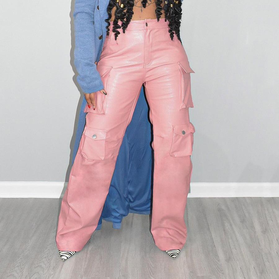 2024 Women's High Waist PU Leather Workwear Pants: Loose, Straight, with Pockets