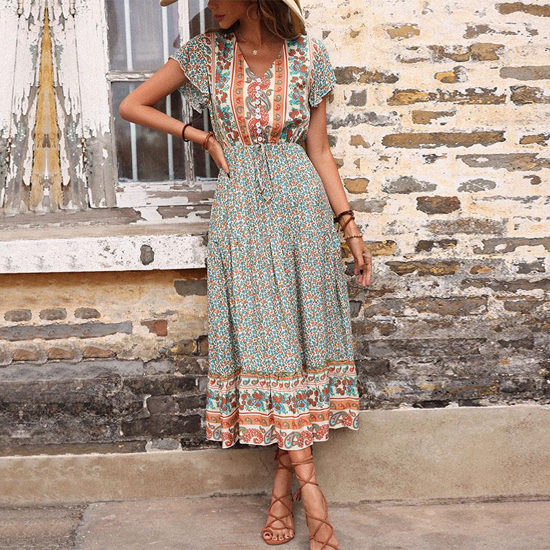 YYFS Women's Vintage Bohemia Summer Spring Floral Print Short Sleeve V-Neck High Waist Casual Dresses