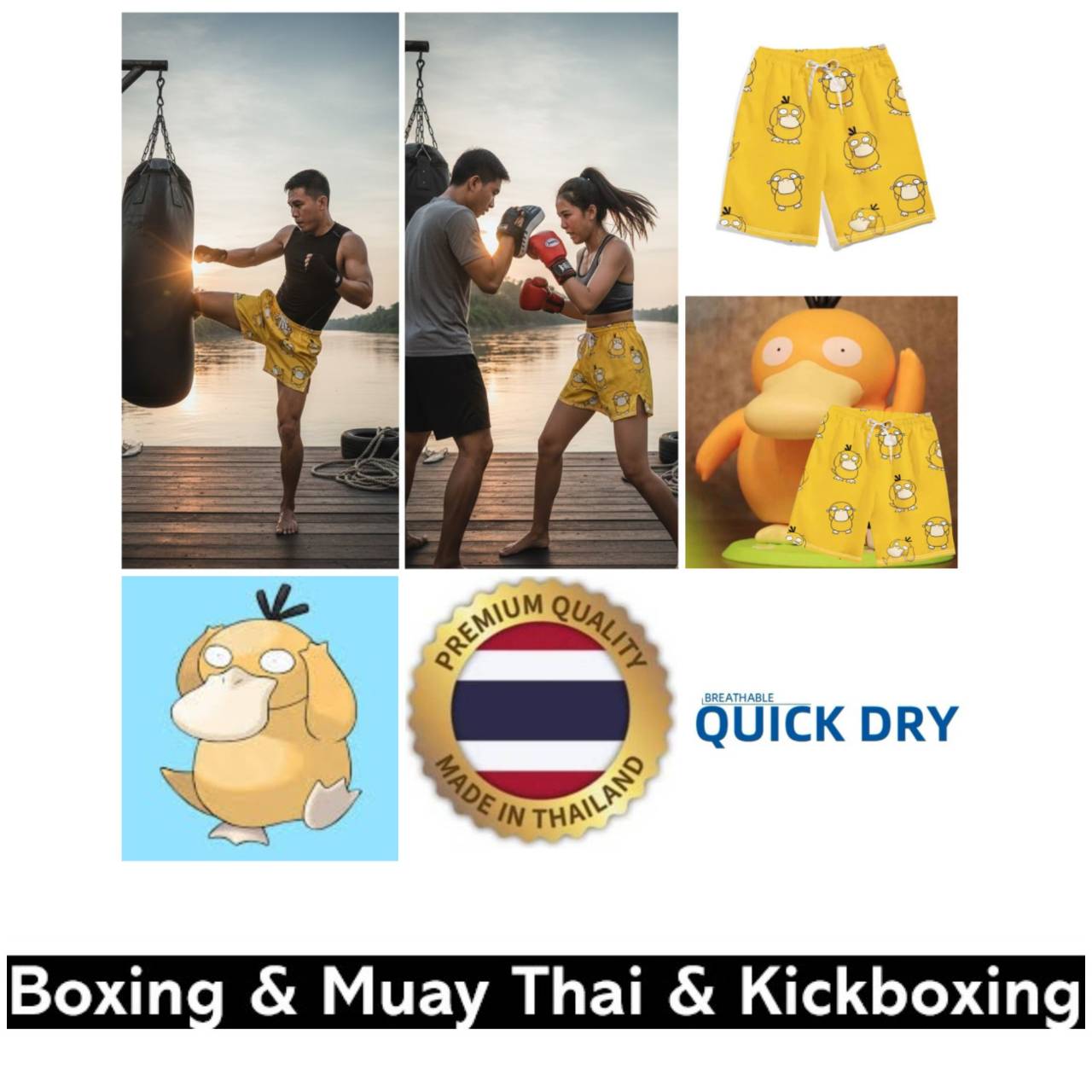 Psyduck Duck Japanese Anime Cartoon Muay Thai Kickboxing Training Shorts Print Martial Art Boxer Unisex Men Women Fighting Fitness Sport Gym Workout