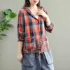 Moda Coreana Roupas de Primavera Femininas Camisas Xadrez com Capuz Senhoras Linho Soltas Blusas Femininas Casuais Oversized