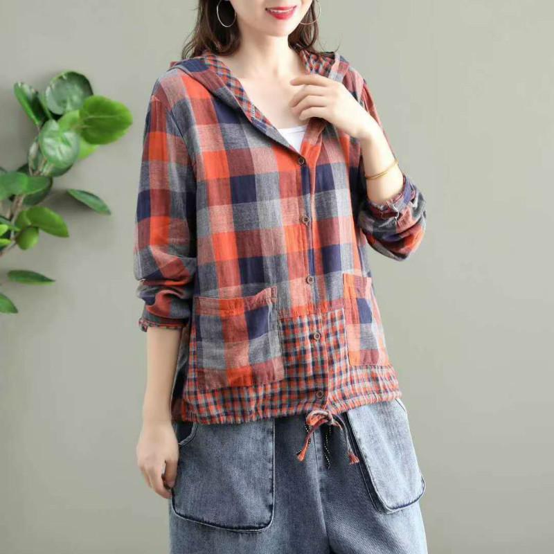 Moda Coreana Roupas de Primavera Femininas Camisas Xadrez com Capuz Senhoras Linho Soltas Blusas Femininas Casuais Oversized