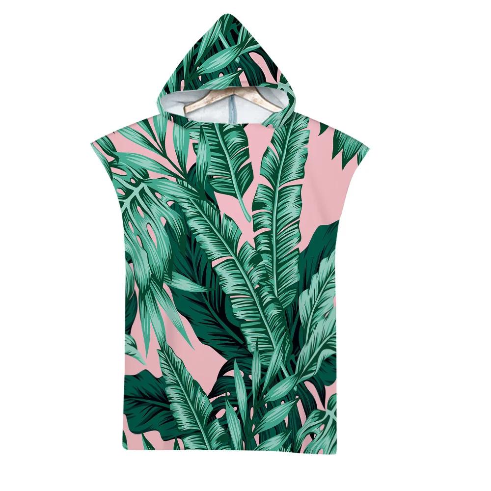 Leaf Pattern Microfiber Beach Towel Quick Dry Hooded Cloak Wetsuit Towels Adult Kids Parent-Child Poncho Bathrobe For Swim Surf