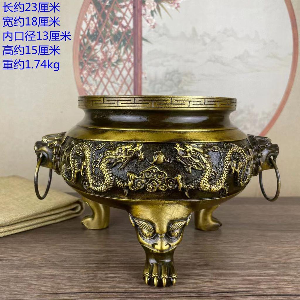Copper Brass Household Indoor Offering Buddha God Of Wealth Double Dragon Three Legs Incense Burner Large