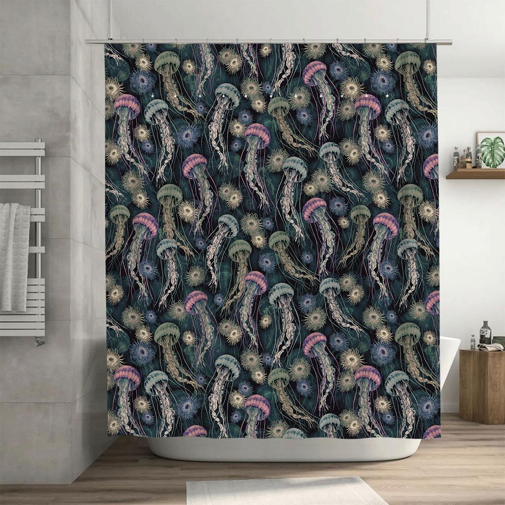 Jellyfish Shower Curtain Waterproof Bathroom Decor Dark Blue Ocean Theme 3D Printed Pattern Modern Home Decoration Size W72X84