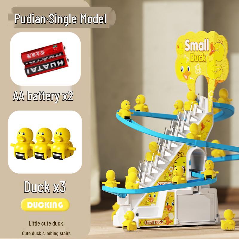 

Маленький желтый утенок, поднимающийся по лестнице, электрическая игрушка с треком