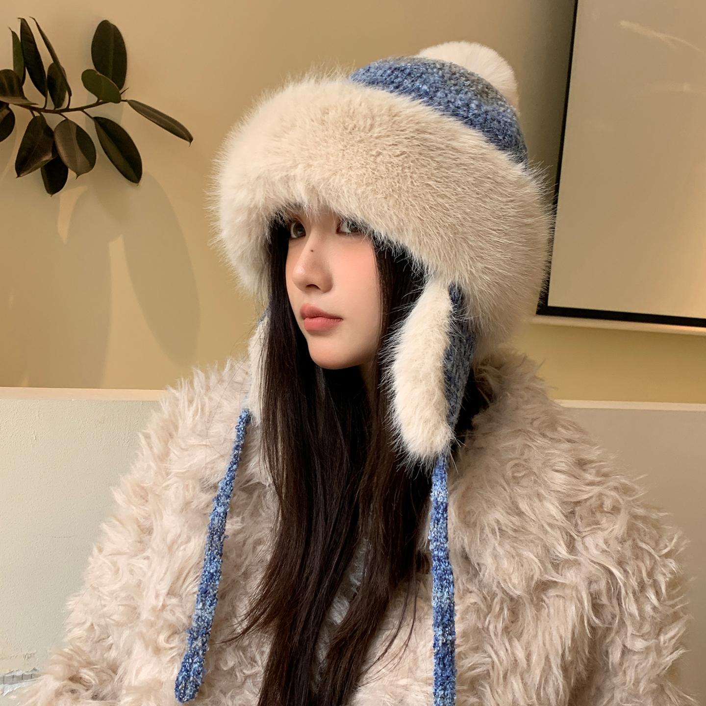 

Плюшевая шапка Лэй Фэн Женская зимняя утолщенная теплая вязаная шерстяная шапка для верховой езды с защитой ушей Холодная шапка one size темно-синий