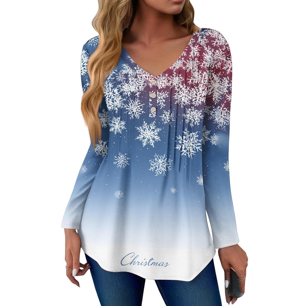 Women's Fashion Casual Christmas Tree Print V-Neck Decorative Button Long Sleeve T-Shirt Top