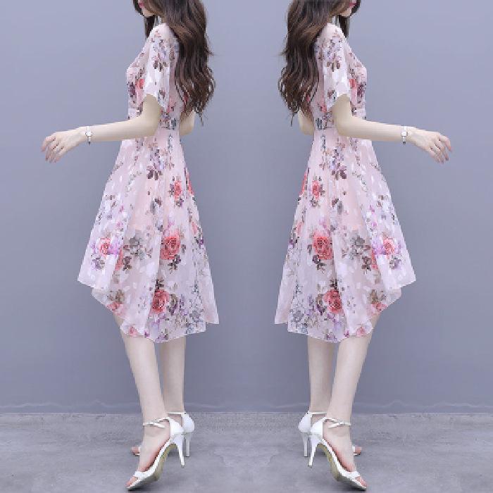 

Женское летнее платье серии Xiasen с короткими рукавами и асимметричным принтом из молочного шелка 3XL розовый