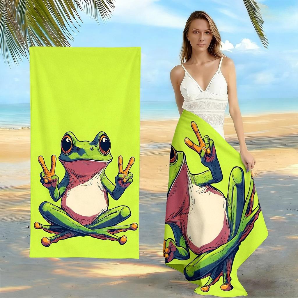 Toalla de Playa Rana Señal de Paz Linda, Toalla de Baño Grande Rana de Dibujos Animados Verde Neón, Manta de Playa Suave de Secado Rápido para Verano 1 ud