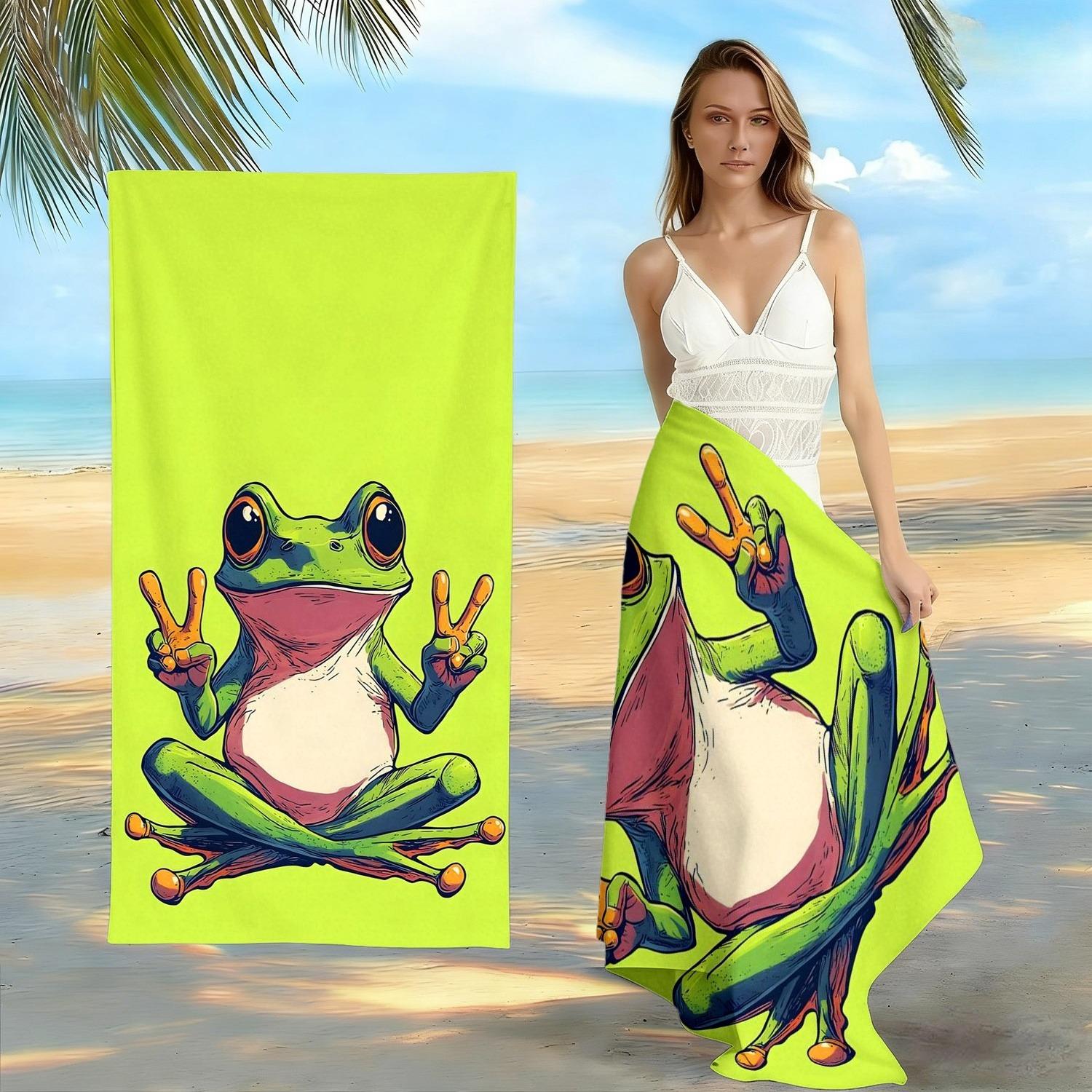 

Cute Peace Sign Frog Beach Towel, Neon Green Cartoon Frog Print Oversized Bath Towel, Soft Quick Dry Summer Beach Blanket 1pcs W30*H60(CM)