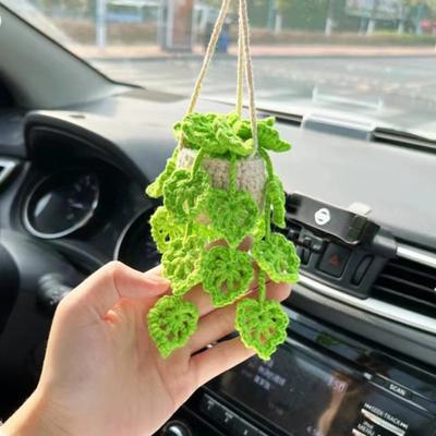 Car Mirror Hanging Accessory Handmade Knitted Cute Crochet Potted Plant Rear View Decor Car