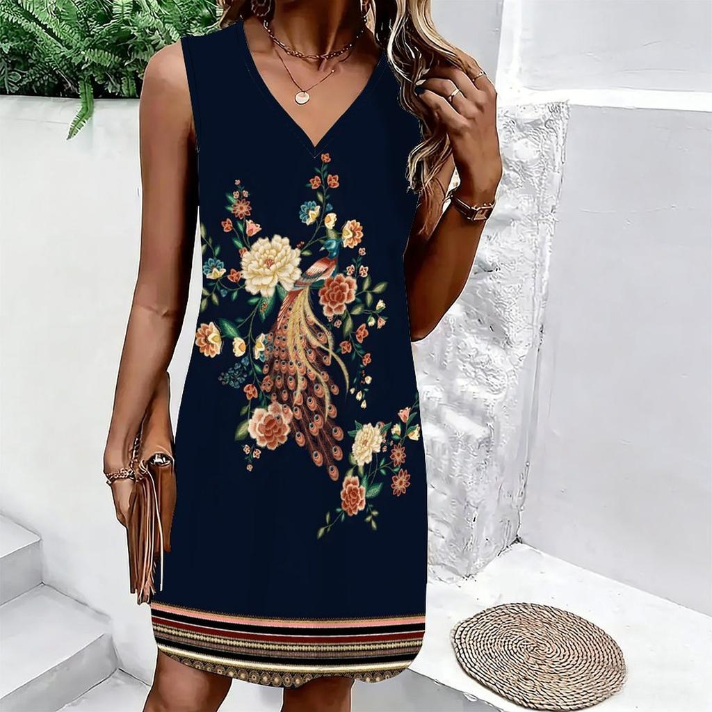 Plus Size V Neck Sleeveless Dress Lush Valley Waterfall Scenic Print For Mountain Hiking Trip