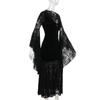 Women's Velvet V-Neck Sleeve Dress with Lace Trim, Dark Gothic for Halloween