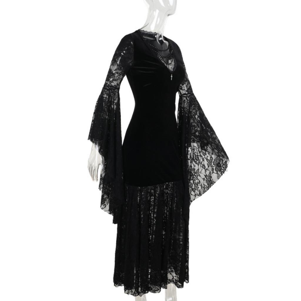 Women's Velvet V-Neck Sleeve Dress with Lace Trim, Dark Gothic for Halloween