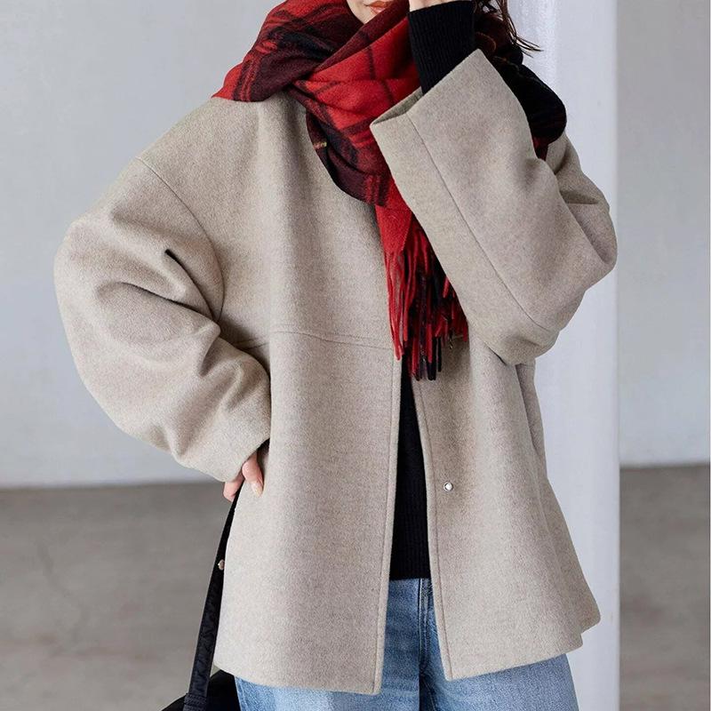 

Осенне-зимняя шерстяная куртка для женщин, дизайнерская, с круглым вырезом, в стиле ретро, повседневная, свободная, простая, универсальная, новый стиль M