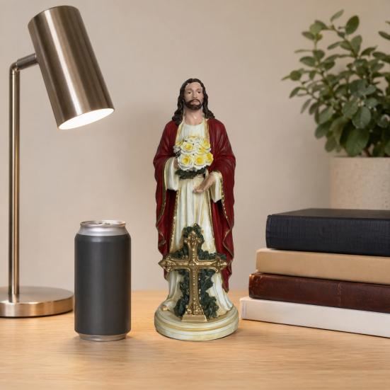 Jesus Statue with LED Lighted Flowers USB Powered Jesus Figurine Blessed Religious Sculpture