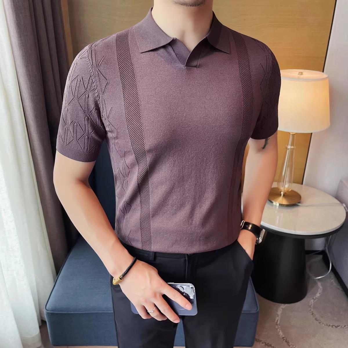 

Летняя мужская рубашка поло в полоску, жаккардовая вязка, короткий рукав, поло с V-образным вырезом, однотонные эластичные топы 2XL кофейный