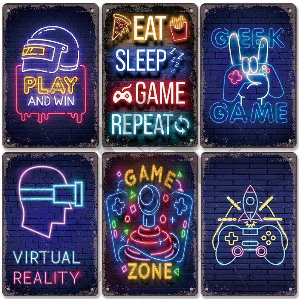 Poster Neon pentru jocuri video Placă metalică Gamer Play Win Game Zone Semne de tablă din metal Decor de perete retro Sala de jocuri Bar Pub Peștera omului