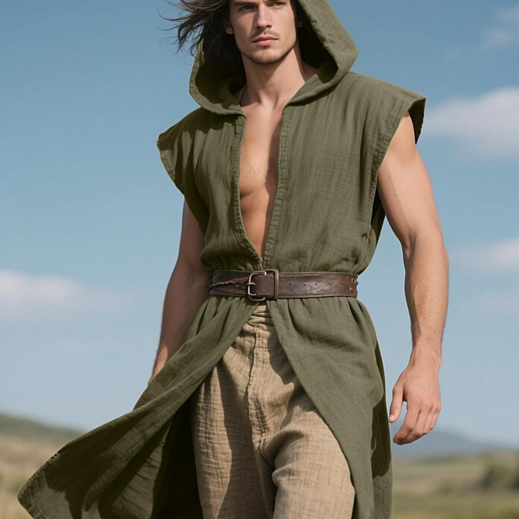 Men's Hooded Sleeveless Tunic Renaissance Robe Viking Sleeveless Vest