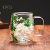 250ml Double Walled Glass Mug Clear Floral Wide Mouth Cup with Handle Insulated Coffee Tumbler for Coffee Tea Chocolates