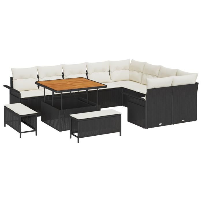 Ensemble de canapé de jardin de 12 pièces avec coussins en poly rotin noir crème, Canapé de jardin 2 places avec rangement 3364115