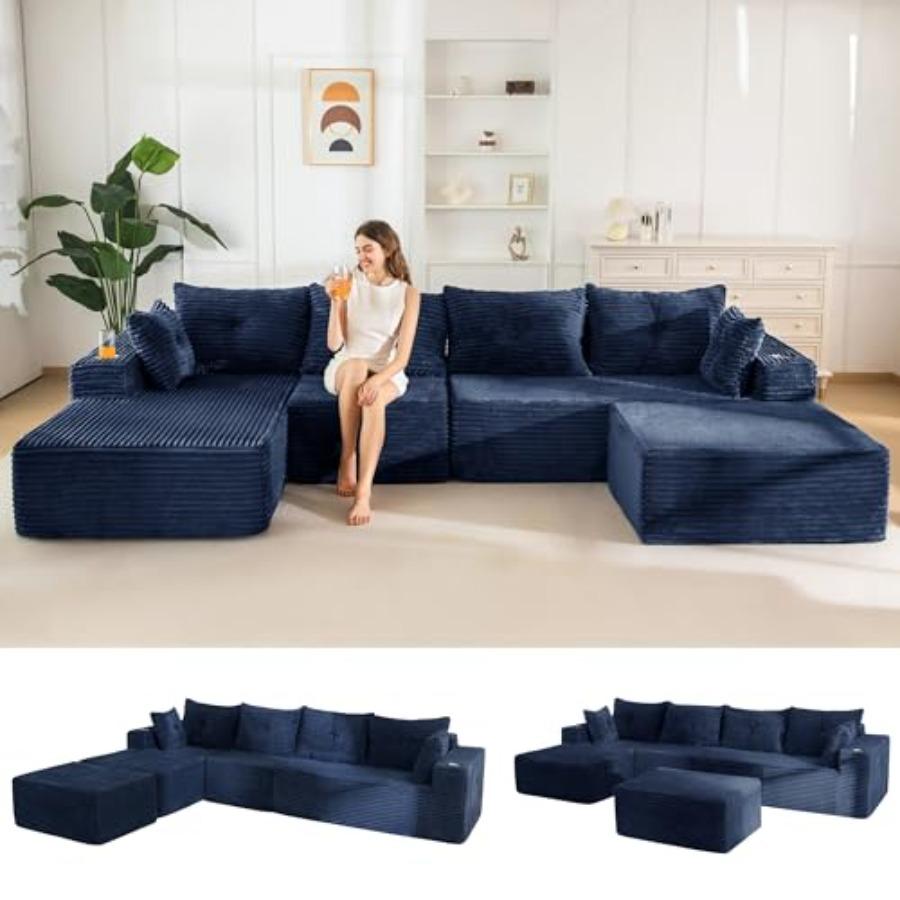 132 Giant U-Shaped Modular Sectional Couch Modern Boneless Couch for Living Room Sofa in A Box Oversized Sofa Sleeper with Deep