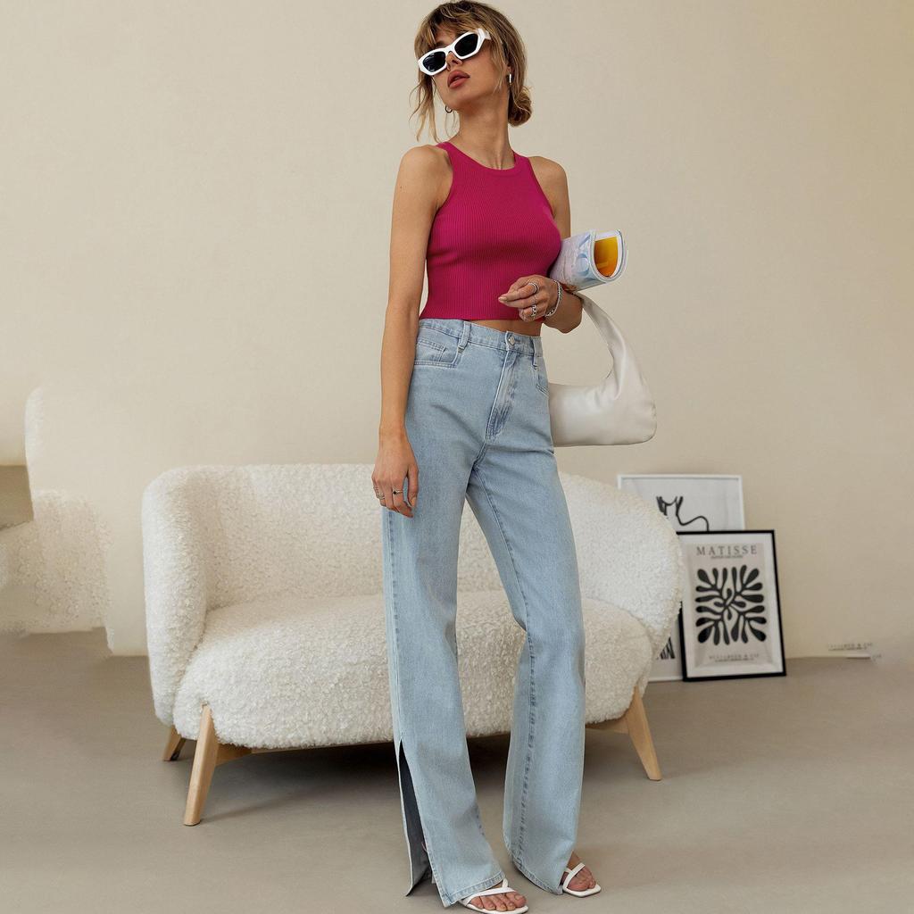 Damen T-Shirt mit V-Ausschnitt, ärmellos, Streifenmuster, für Damen, T-Shirt, Street-Strickmode
