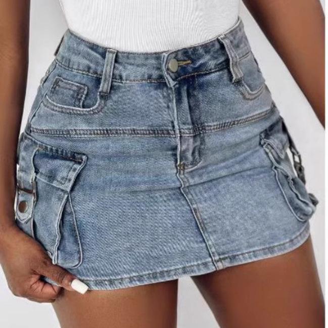

In Stock: Cross-Border Denim Hot Girl Mini Skirt - Summer European & American Women s Fashion Workwear with Pocket L светло-синий