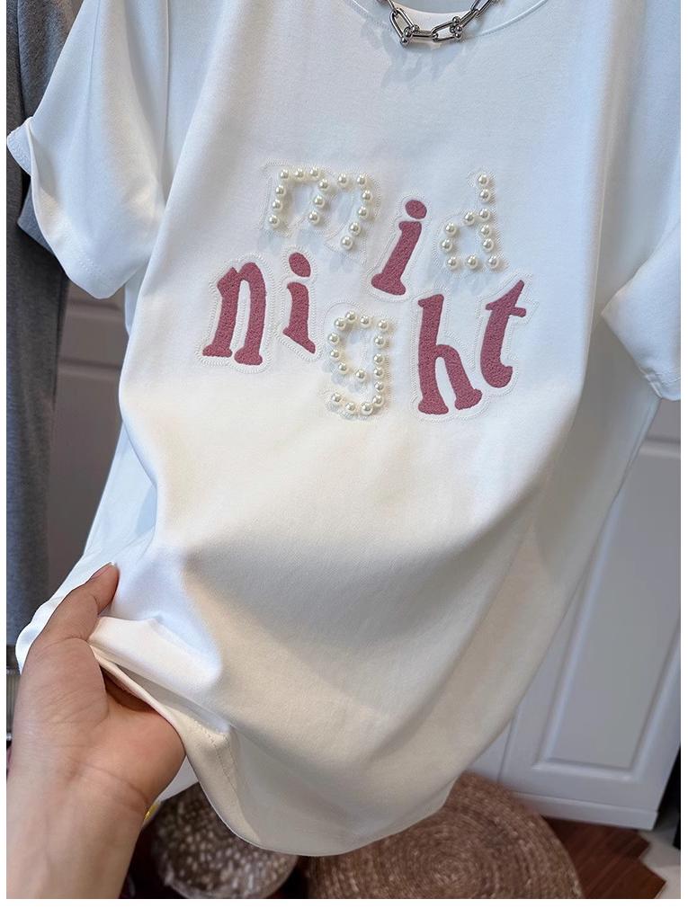 220g Trendy Brand Cotton Extra Large Beaded Embroidered Round Neck Loose Short Sleeve T-Shirt