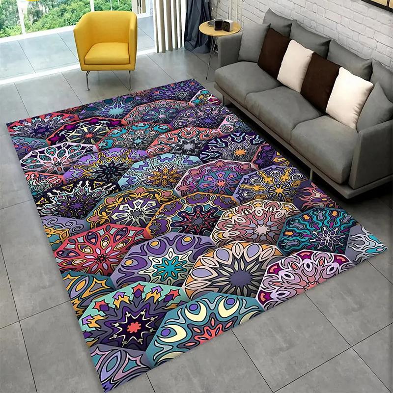 Bohemian Style Mandala Area Rug With Colorful Artistic Floral Geometric Patterns Soft Decorative Carpet For Living Room Bedroom