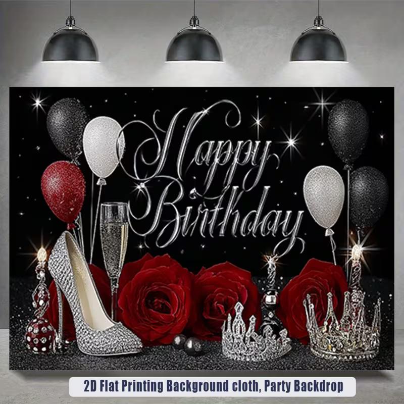2D Black Silver Birthday Backdrop Red Rose High Heels Photo Booth Background Banner