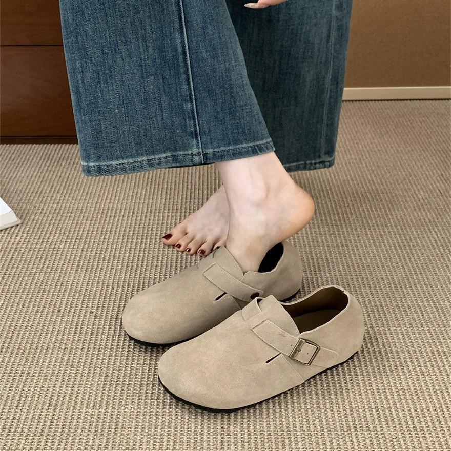 2025 Autumn and Winter New Leather Cow Velvet Outer Wear Full Bag Head Loafer Half Slippers Flat Bottom Loafer Single Shoes Women